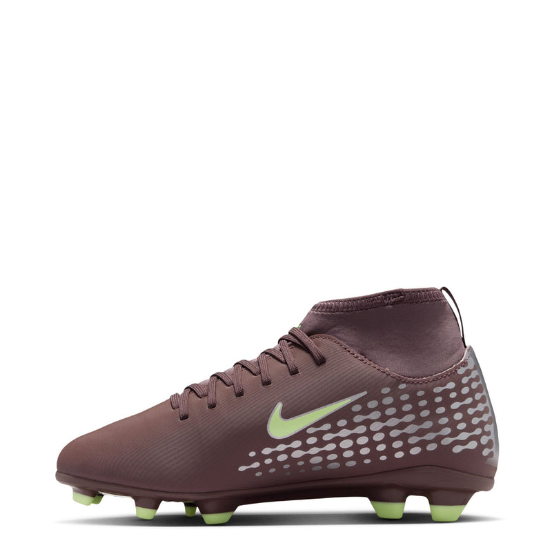 Youth plum soccer cleat with white dotted pattern, neon green swoosh, and studs