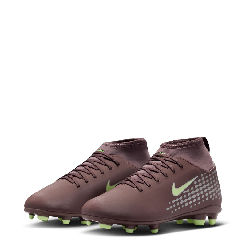 Youth plum high-top soccer cleats with neon green swoosh, dotted design, and studs