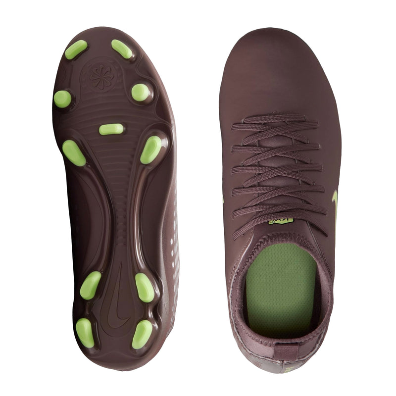 Youth soccer cleat outsole bottom with neon green studs and dark brown traction