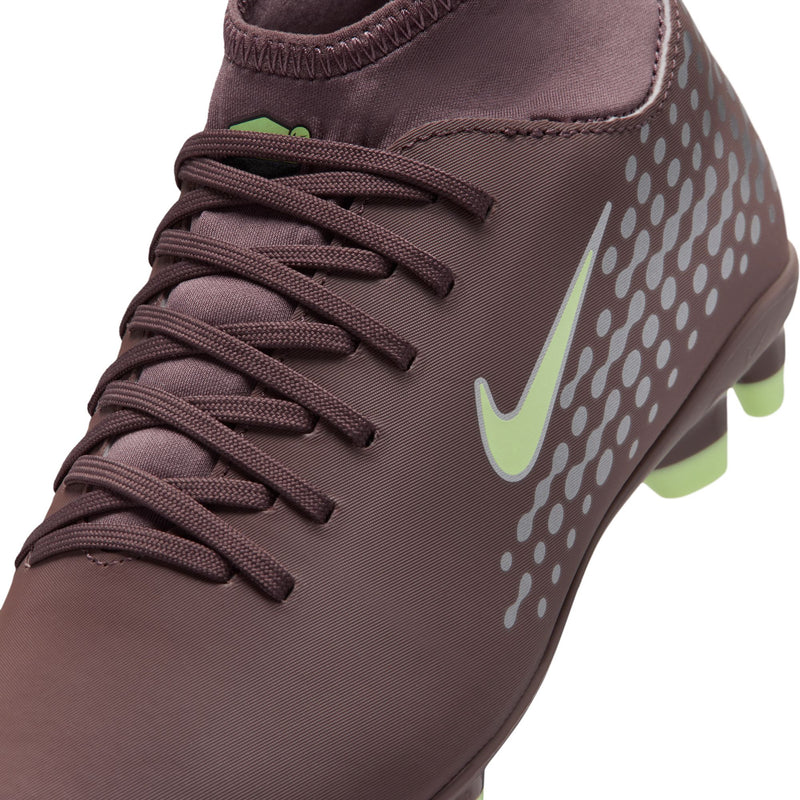 Youth plum soccer cleat close-up of laces and dotted side panel with neon swoosh