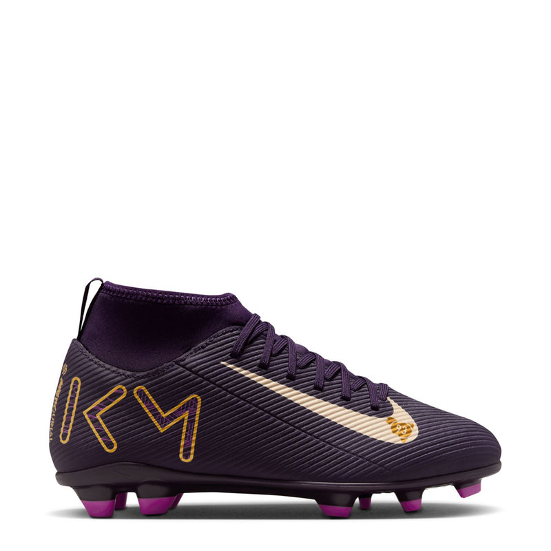 Youth purple soccer cleat, lace-up upper, white swoosh, yellow KM accents, purple studs