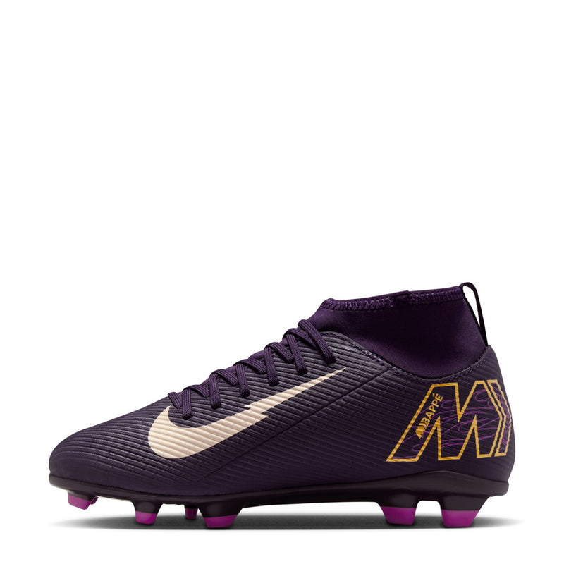 Youth purple high-top soccer cleat with lace-up, white swoosh, purple outsole studs