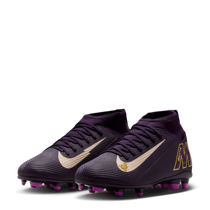 Pair of youth purple soccer cleats, lace-up uppers with white swoosh and purple studs