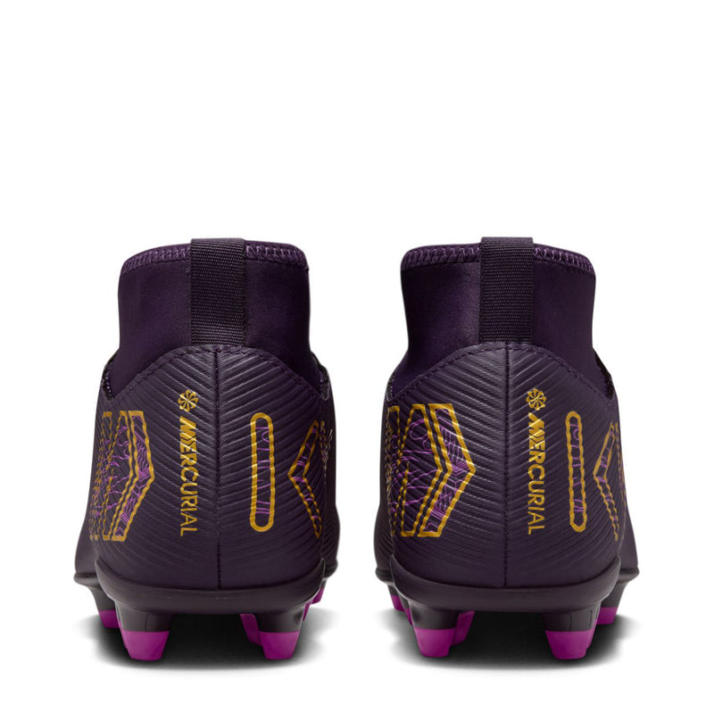 Youth purple soccer cleats heel view, textured back, yellow KM detail, purple studs