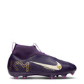 Youth purple soccer cleat with white swoosh, gold graphics, and pink TF studs