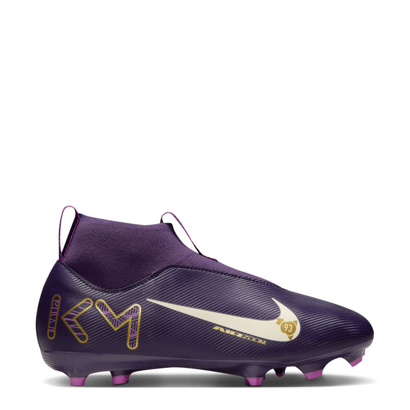 Youth purple soccer cleat with white swoosh, gold graphics, and pink TF studs