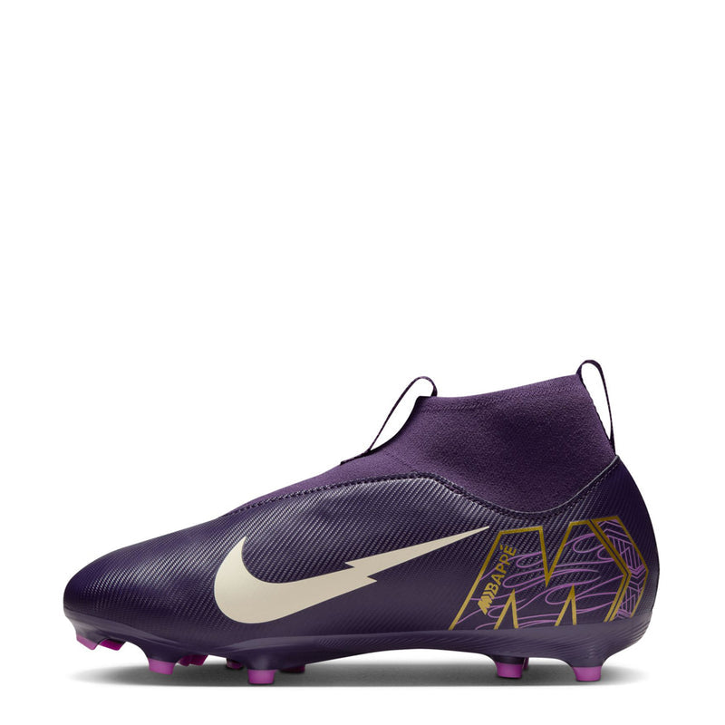 Youth purple high-top soccer cleat with white swoosh and pink turf cleats