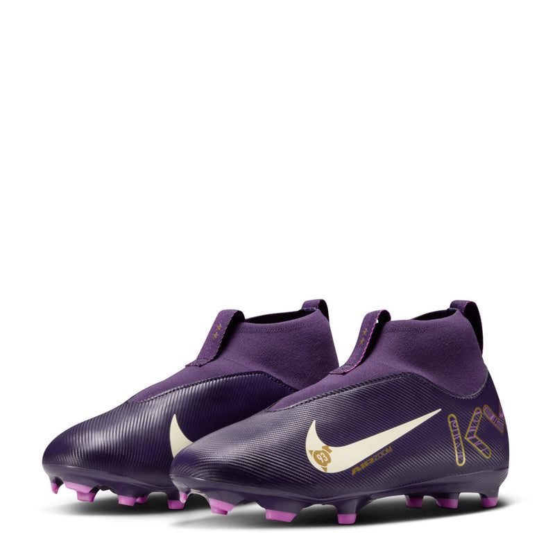Youth purple soccer cleat pair, rear view, white swoosh and pink TF studs
