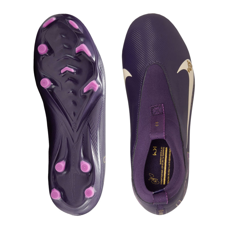 Youth soccer cleat outsole and heel, purple with pink studs and textured tread