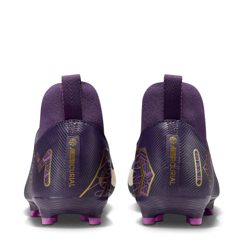 Youth purple soccer cleat heel view pair with gold branding and pink TF studs