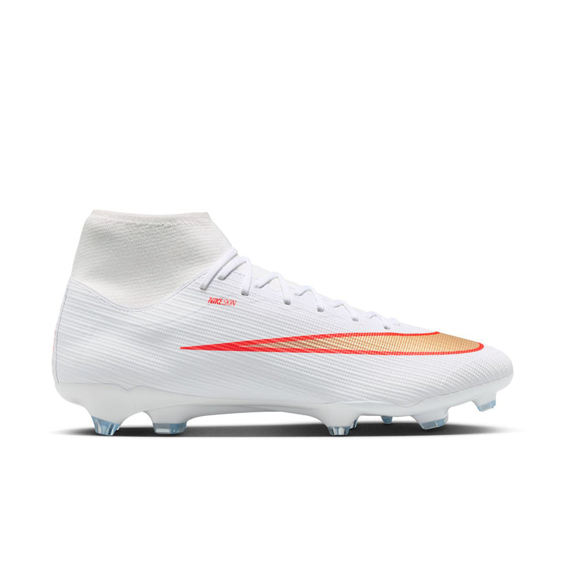 Men's Mercurial Superfly 11 FG/MG cleat, white with red swoosh and blue studs