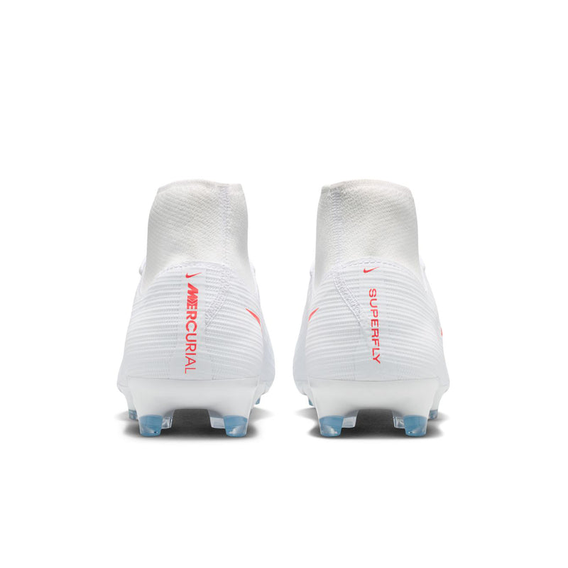 Men's white high-top soccer cleats with blue studs and red heel branding