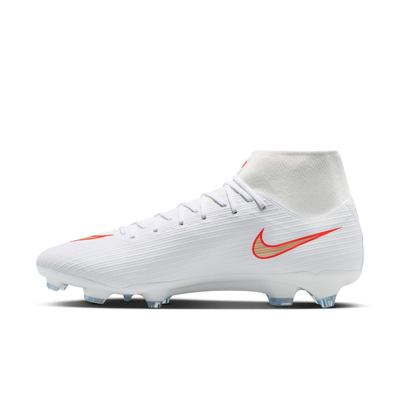 Men's white high-top soccer cleat side view with red swoosh and blue ground studs