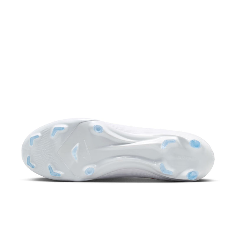 White cleat outsole with molded blue studs for firm ground and traction