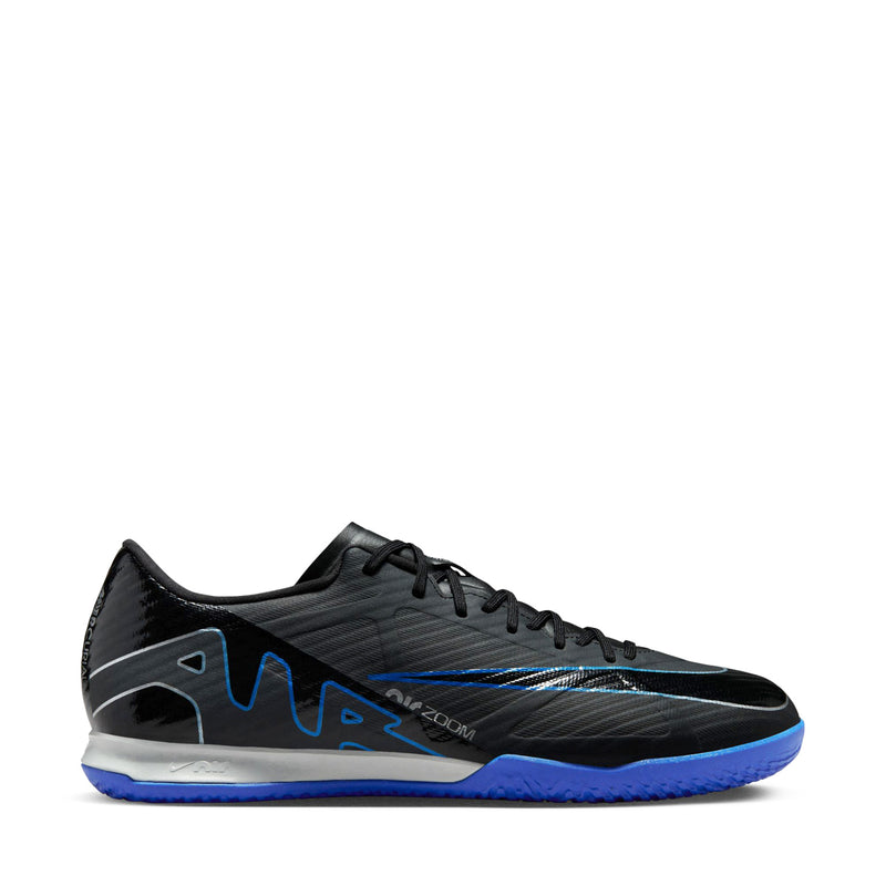 Black men's soccer shoes with blue trim, textured upper, lace-up design