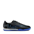 Black men's soccer shoes with blue trim, textured upper, lace-up design