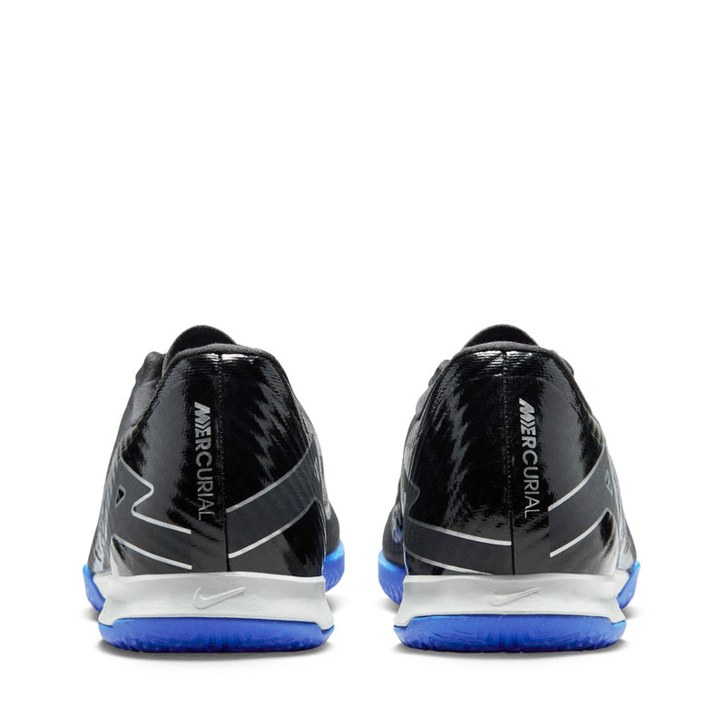 Black Mercurial heel shoes with blue sole, lace-up design shown from back