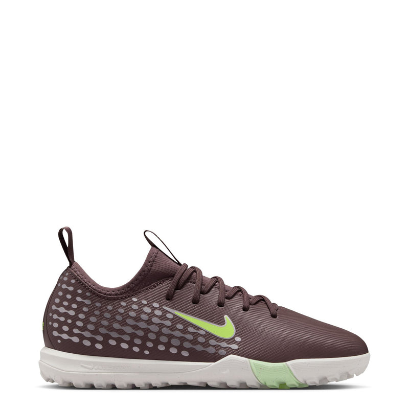 Youth plum turf soccer cleats with neon green swoosh and dotted upper pattern