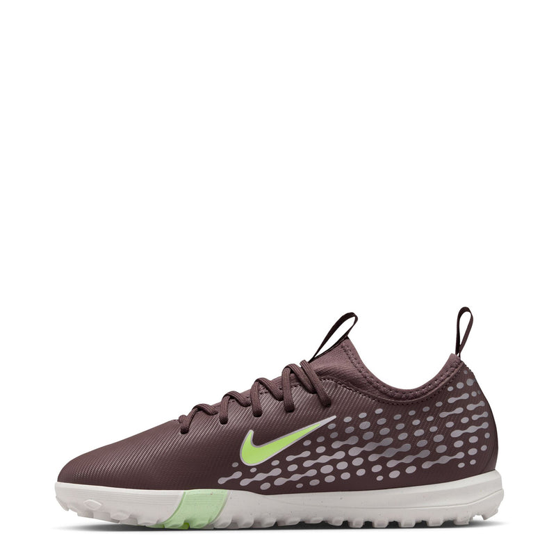 Youth plum turf soccer cleat, side view, neon green logo and white speckled design