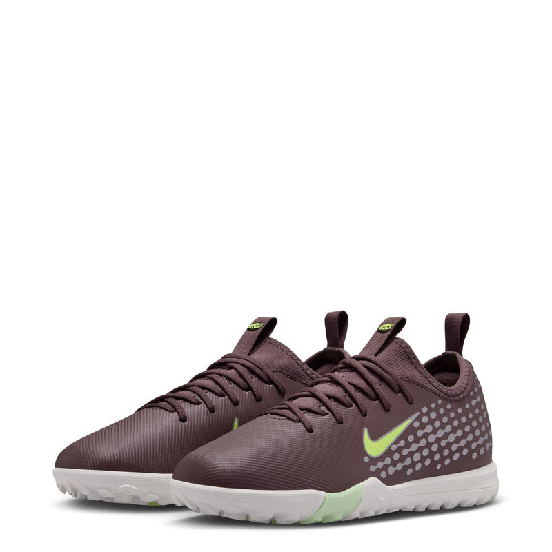 Pair of youth plum turf soccer cleats with neon green accents and white speckled pattern