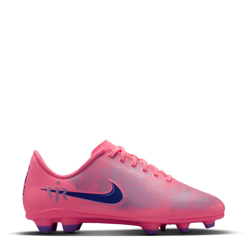 Youth soccer cleats, pink metallic with navy swoosh and purple studs