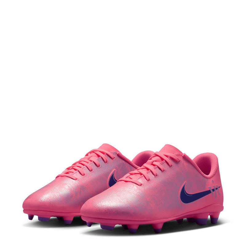 Youth soccer cleats pair, bright pink uppers with navy accents and purple outsole