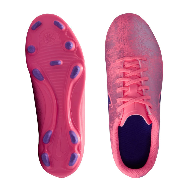 Youth soccer cleats outsole view, pink studs with textured traction and lace-up top