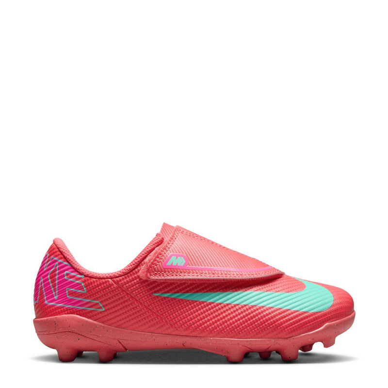 Kids red soccer cleat with teal Nike swoosh, textured upper, front studs