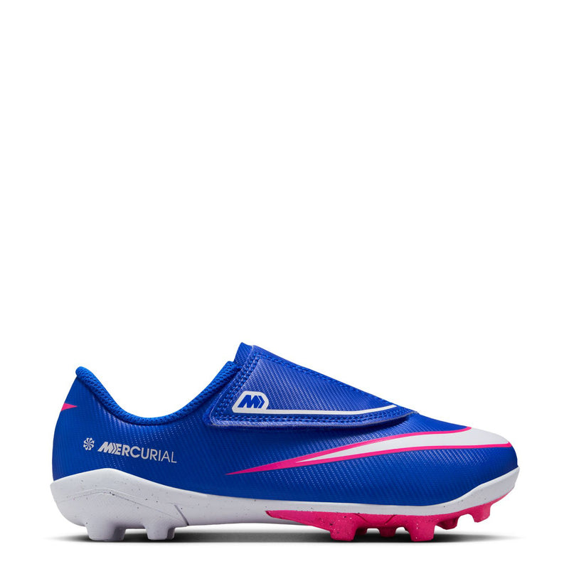Kids' blue soccer cleat with pink accents, white midsole, and pink traction studs