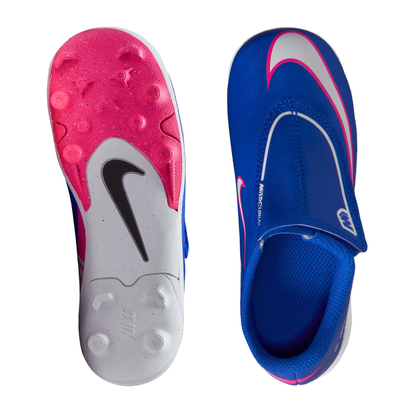 Kids' blue and pink soccer cleat, white midsole and outsole with molded studs