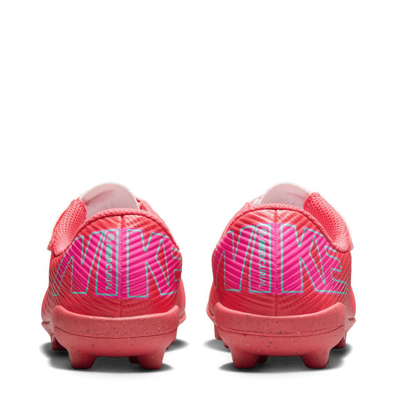 Kids red cleat back view with molded heel, teal accents, studded outsole
