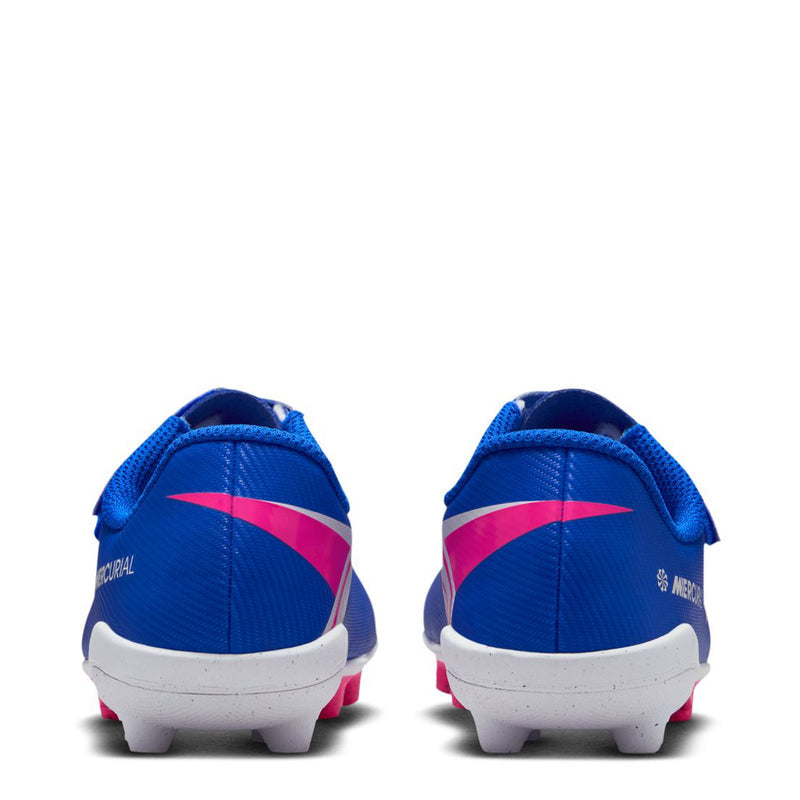 Kids' blue soccer cleat with pink stripe, white heel, and molded traction studs