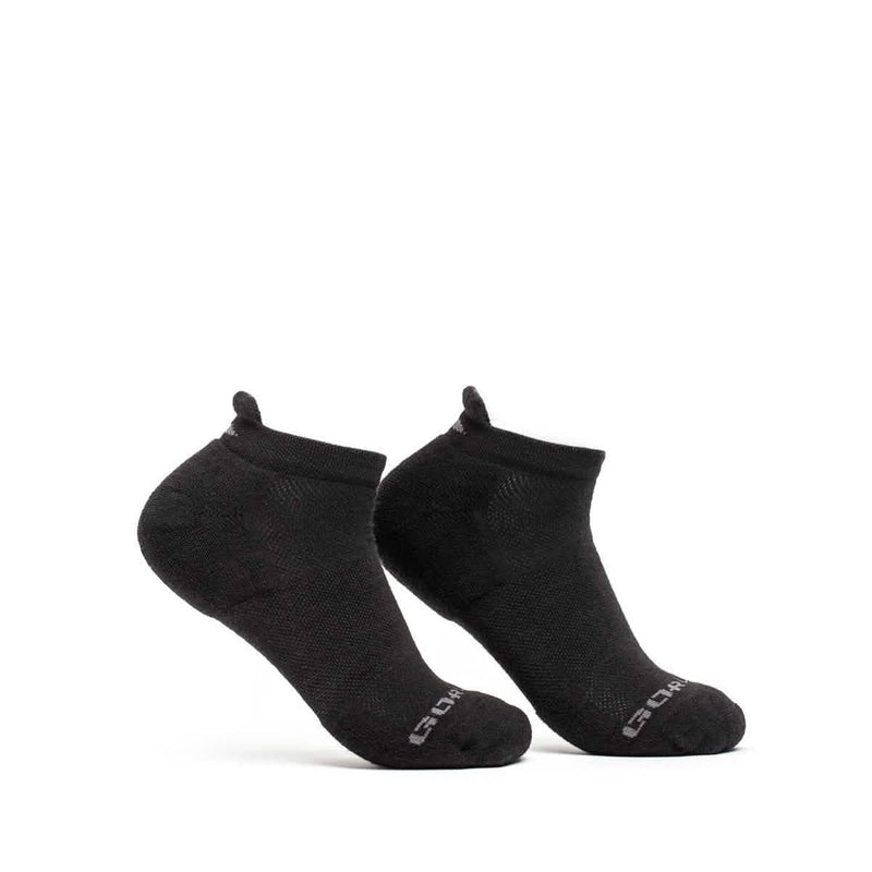 GORUCK black ankle merino socks pair on white background, performance rucking gear