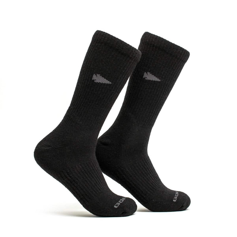 GORUCK black merino wool long crew socks with logo, durable rucking gear on white background