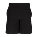 Black woven men's shorts with elastic waistband, above-knee.