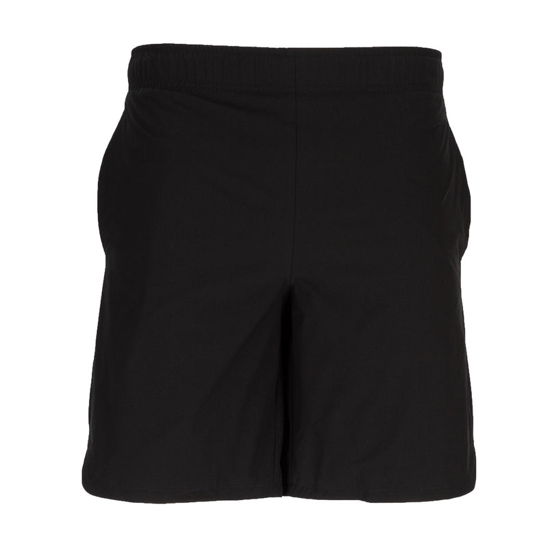 Black woven men's shorts with elastic waistband, above-knee.