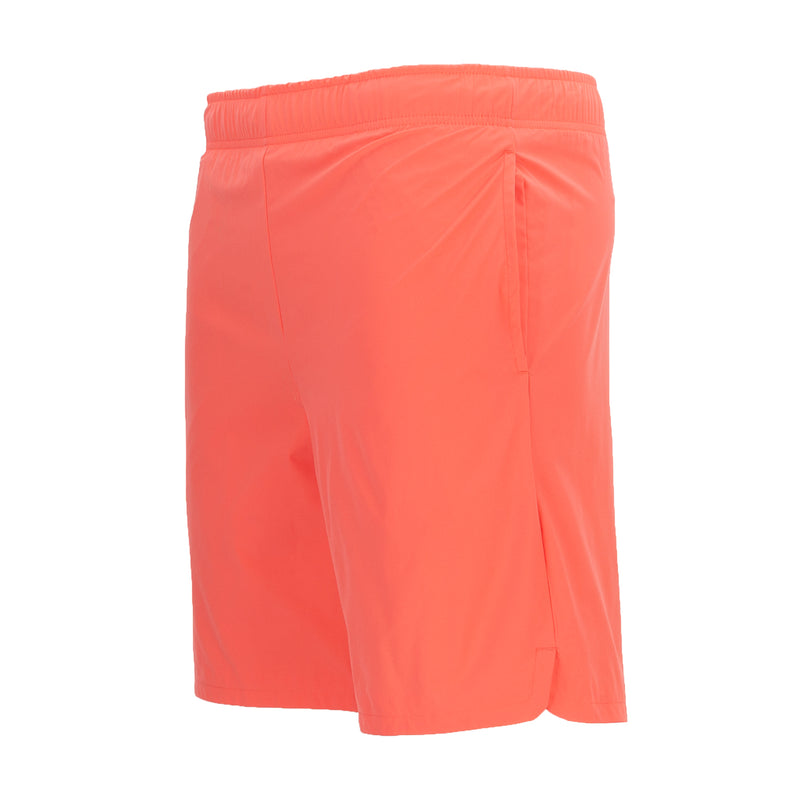 Men's coral mesh-lined woven shorts, back view with elastic waistband