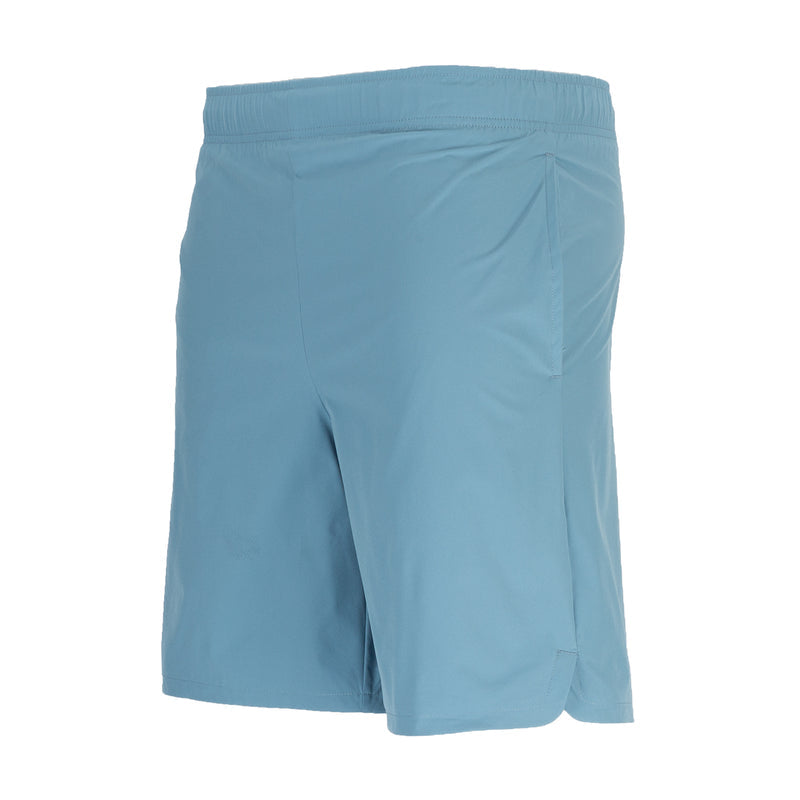 Men's mesh-lined woven shorts in light blue with gathered elastic waistband