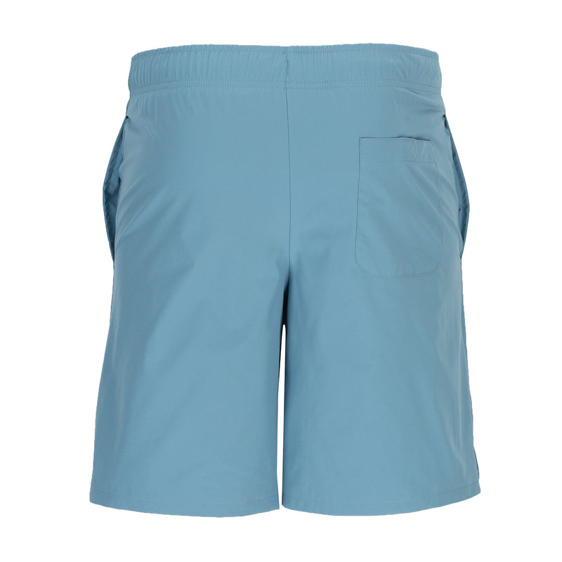 Men's mesh-lined woven shorts in light blue with side pocket and elastic waistband