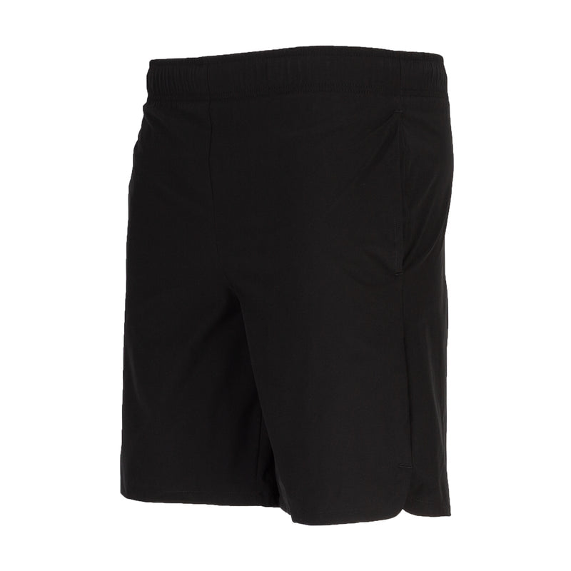 Black woven men's shorts with elastic waistband and back patch pocket.