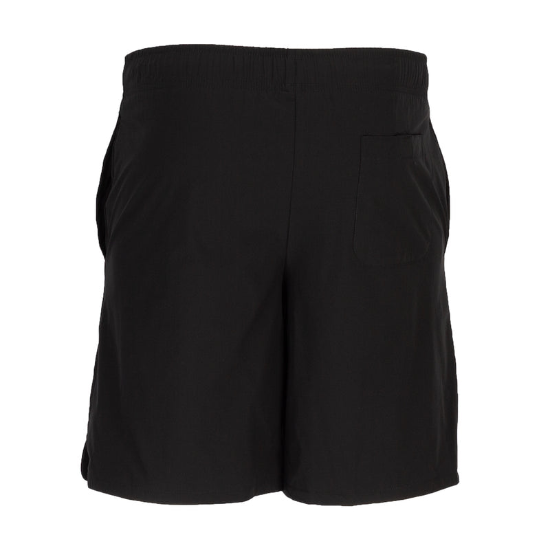 Black woven men's shorts with elastic waistband, back pocket detail.