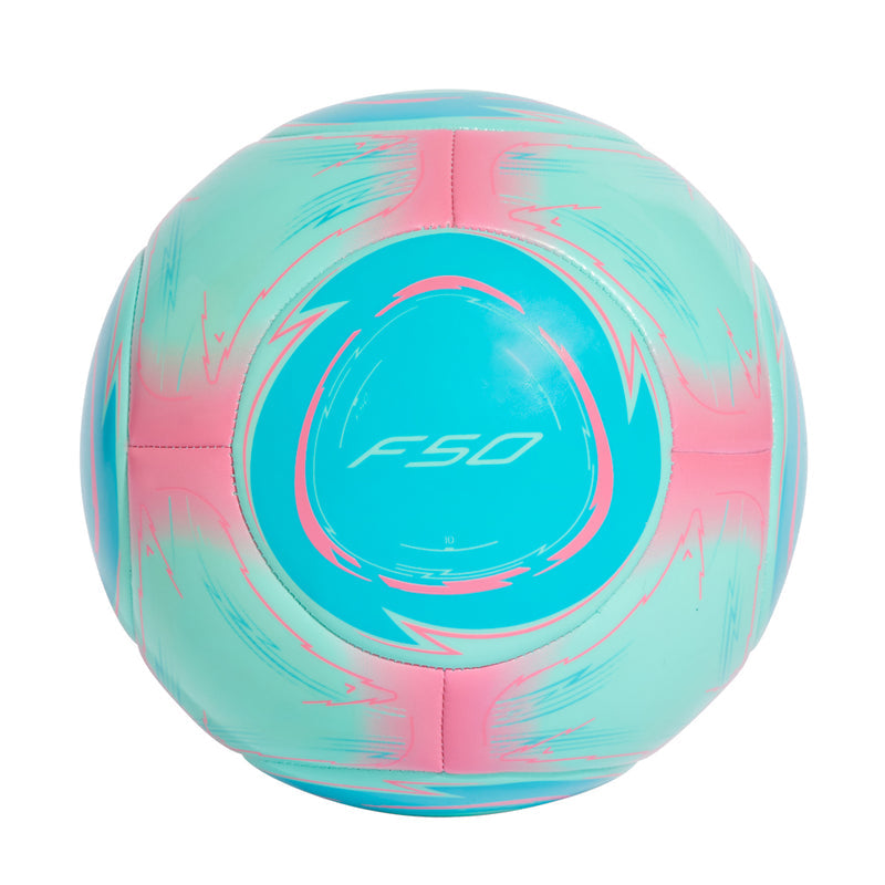 Aqua and pink soccer ball with F50 logo on a teal oval panel