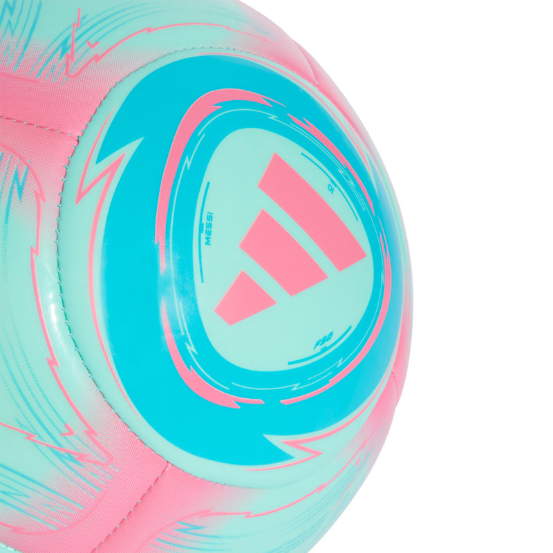 Close-up of aqua and pink soccer ball with three-bar logo on teal ring