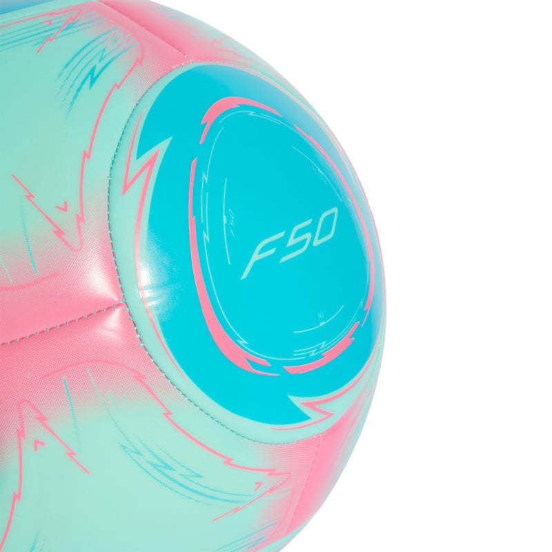 Aqua and pink soccer ball side with teal F50 logo panel and trim