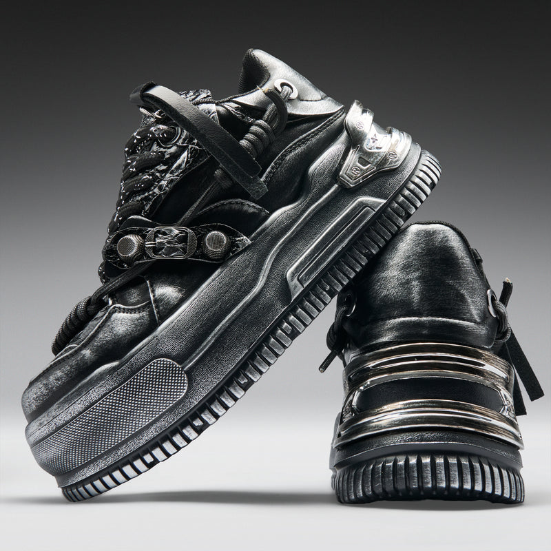 Metamorphosis Distressed Platform Trainers - Charcoal - One Shoe with Back and one with Left Side View