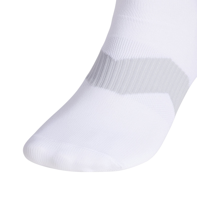 White ankle socks with ribbed cuffs and a light gray stripe