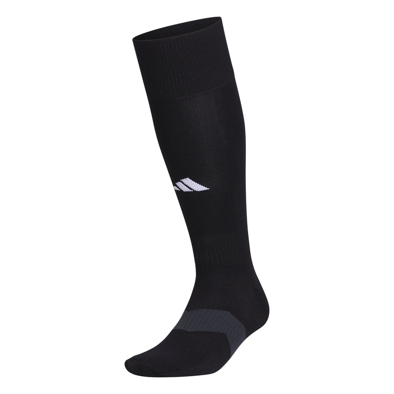 Black crew socks with gray toe/heel and white/purple logo