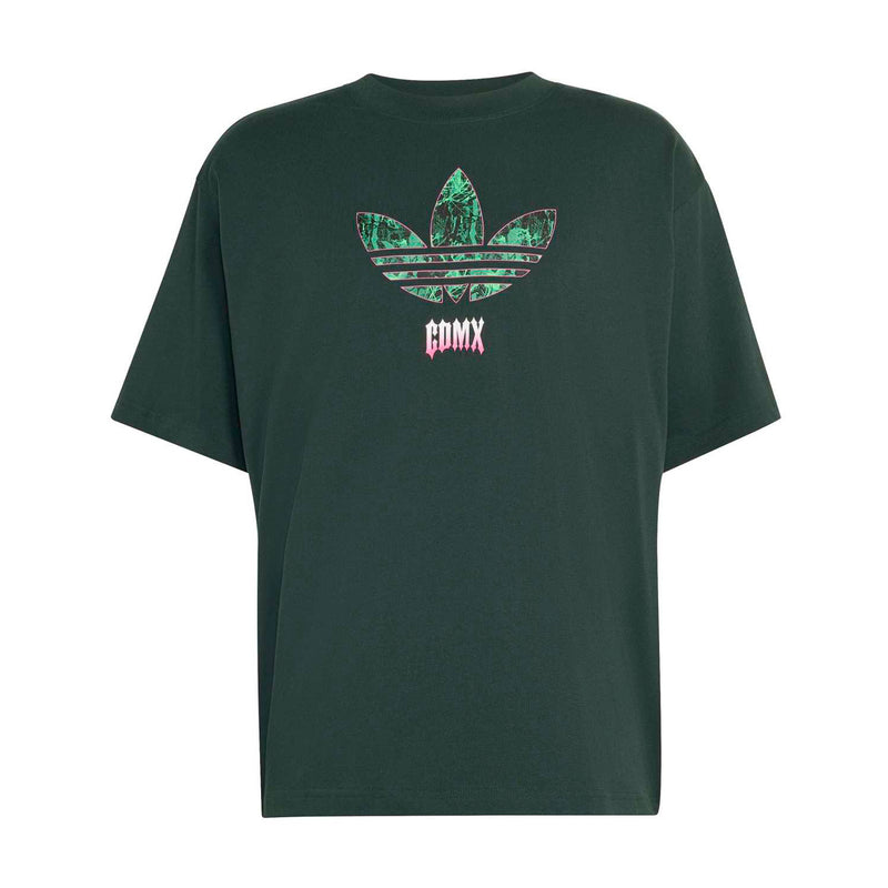 Men's dark green T-shirt with large front graphic and small pink logo text