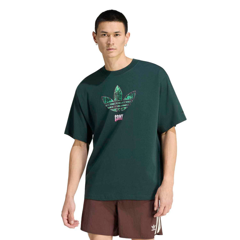 Men's dark green T-shirt with chest graphic print in green, pink, and gray