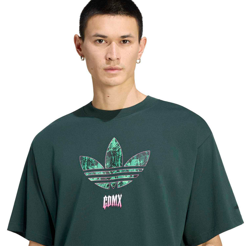 Men's dark green T-shirt with large trefoil-style front graphic and pink logo
